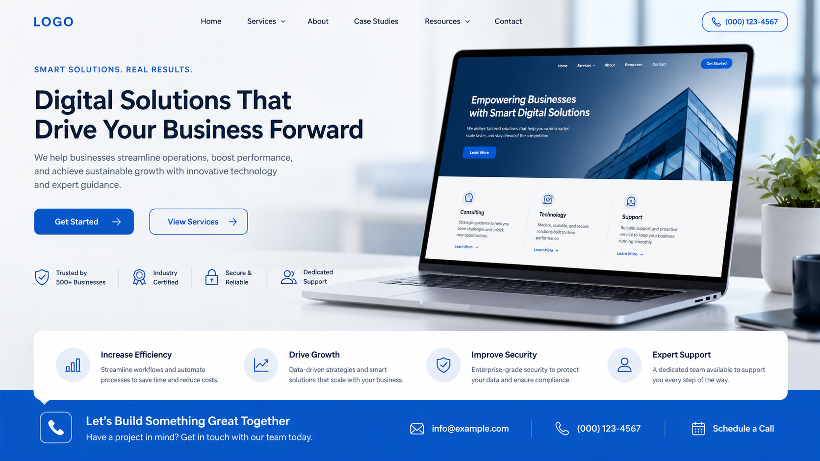 Business website process section showing consultation, planning, execution, and support steps.
