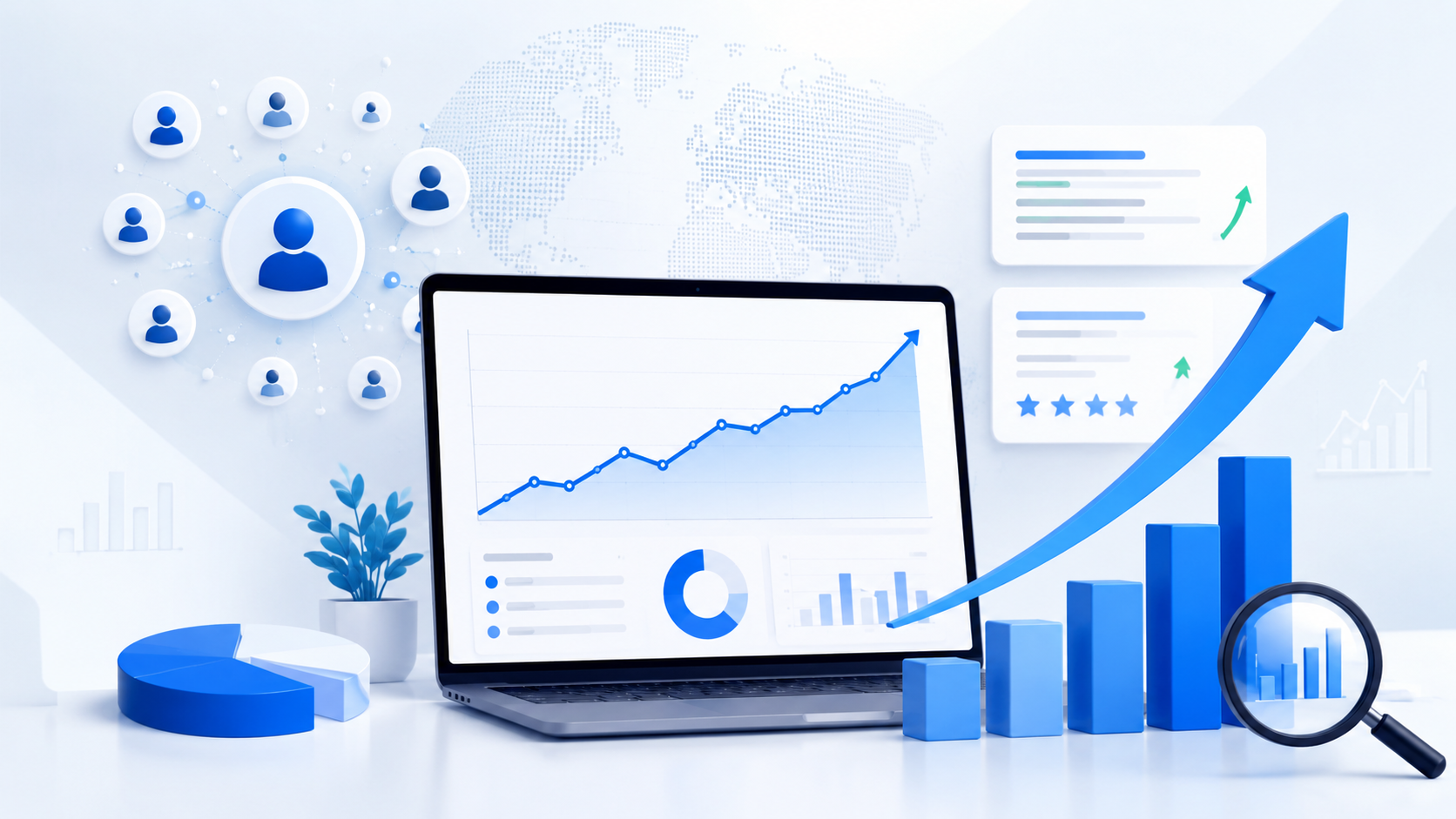 SEO growth dashboard showing organic traffic improvement, analytics, and business visibility.