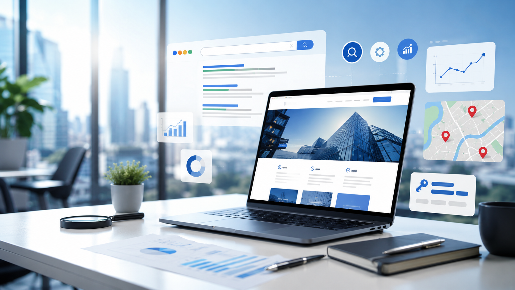 SEO strategy showing business website visibility, keyword research, analytics, and local search growth.