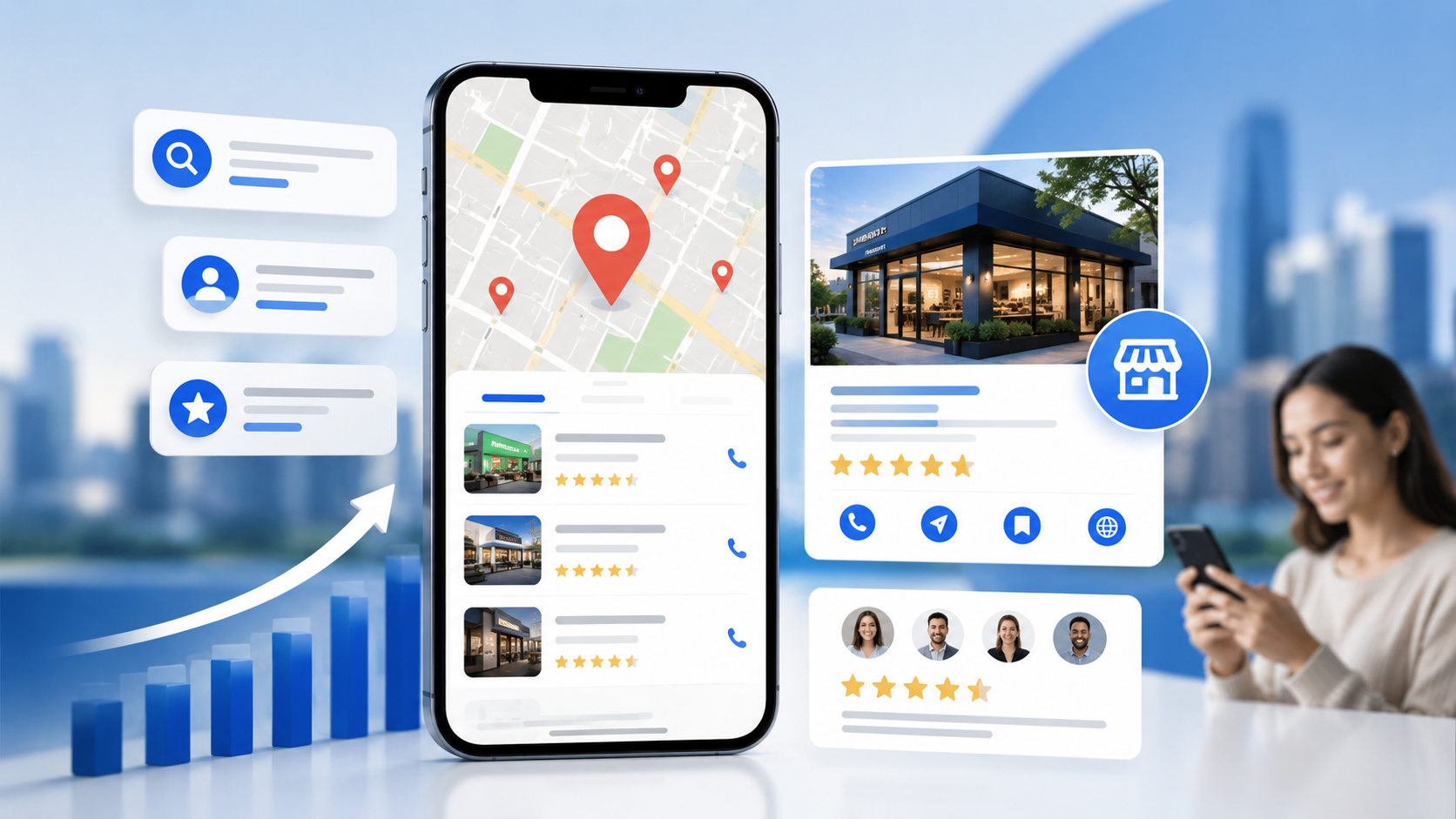 Local SEO concept showing map results, reviews, location pins, and customer discovery.