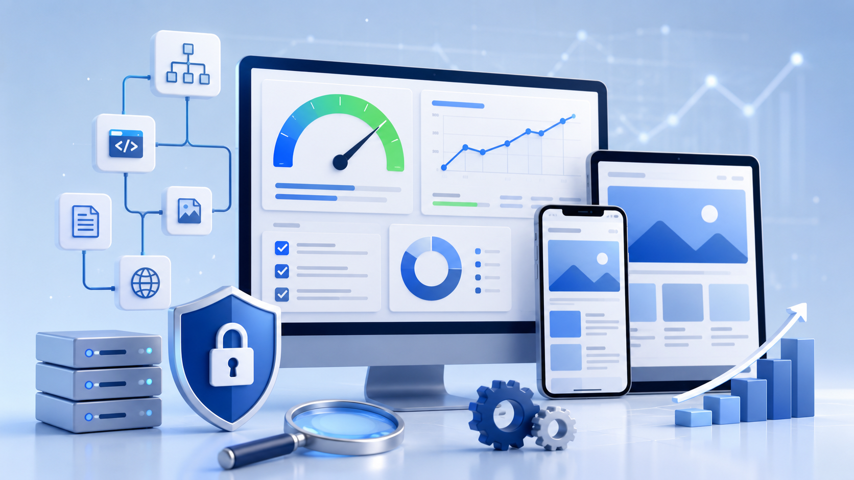 Technical SEO dashboard showing website speed, mobile optimization, security, and performance.